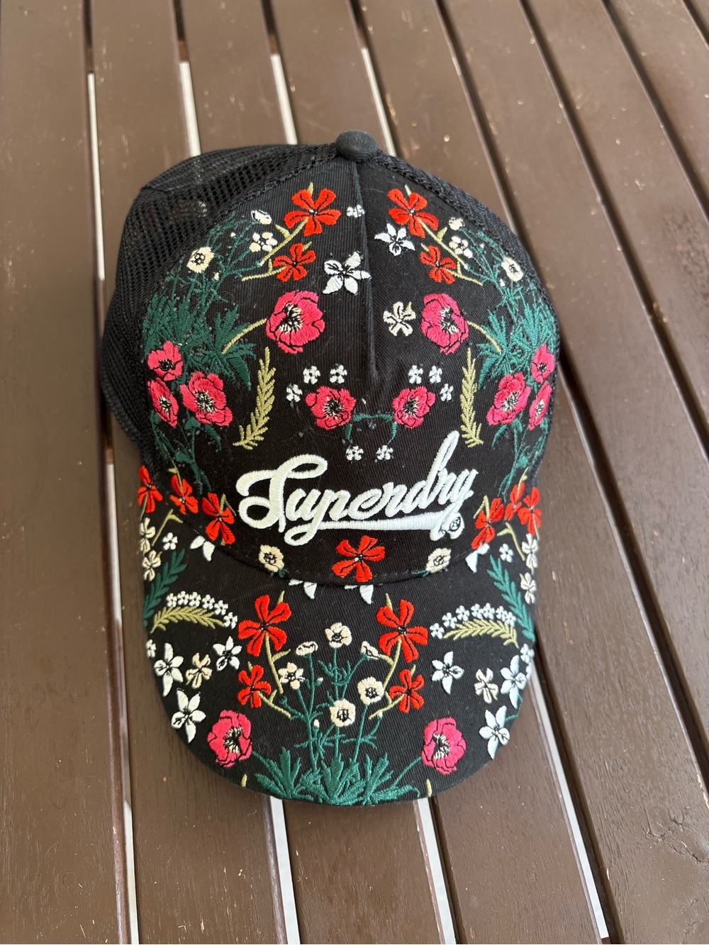 Superdry Black Floral Embroidered Trucker Hat One Size Mesh Baseball Cap